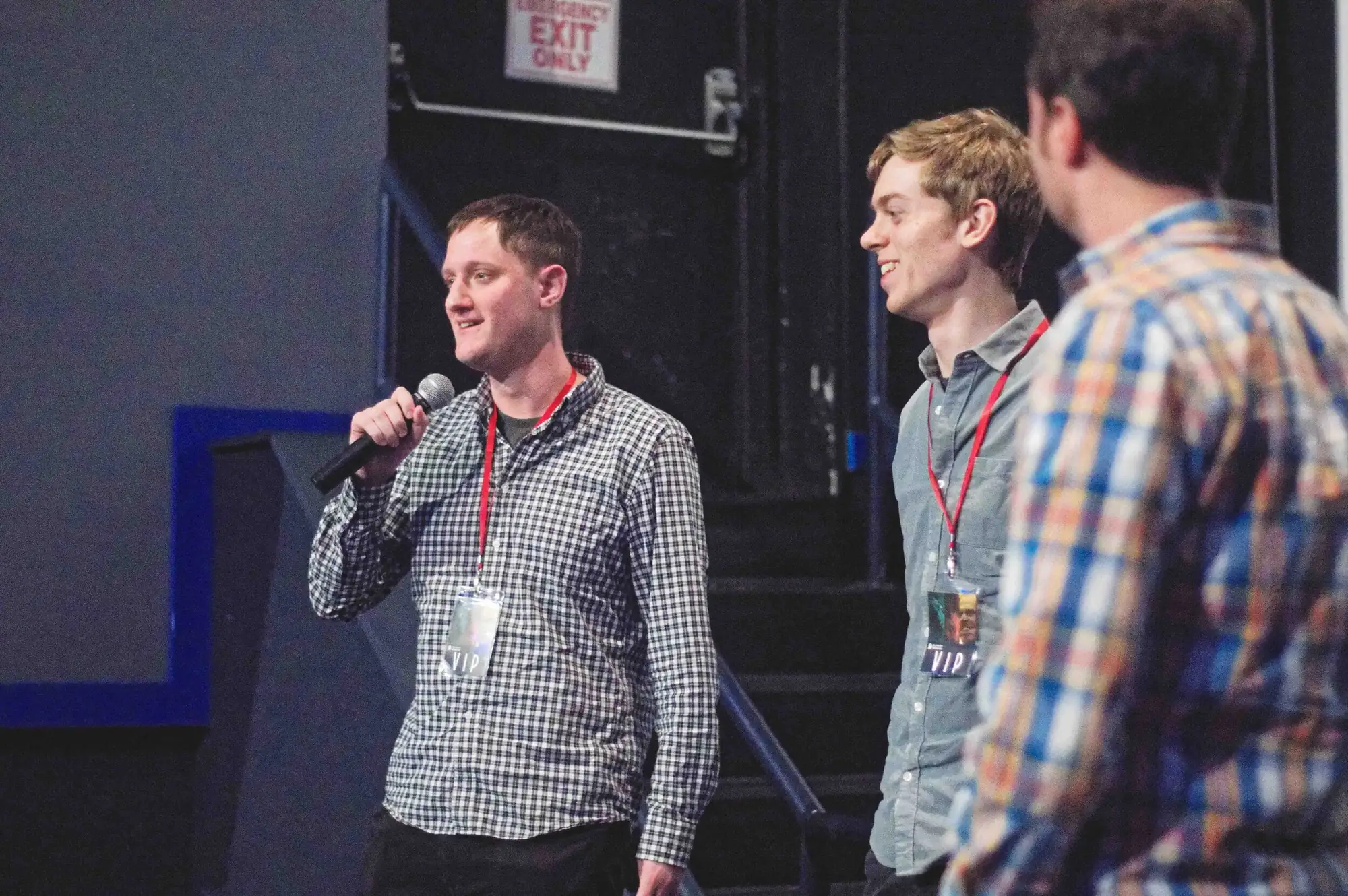 Joshua Land and Victor Fink on stage at a festival screening